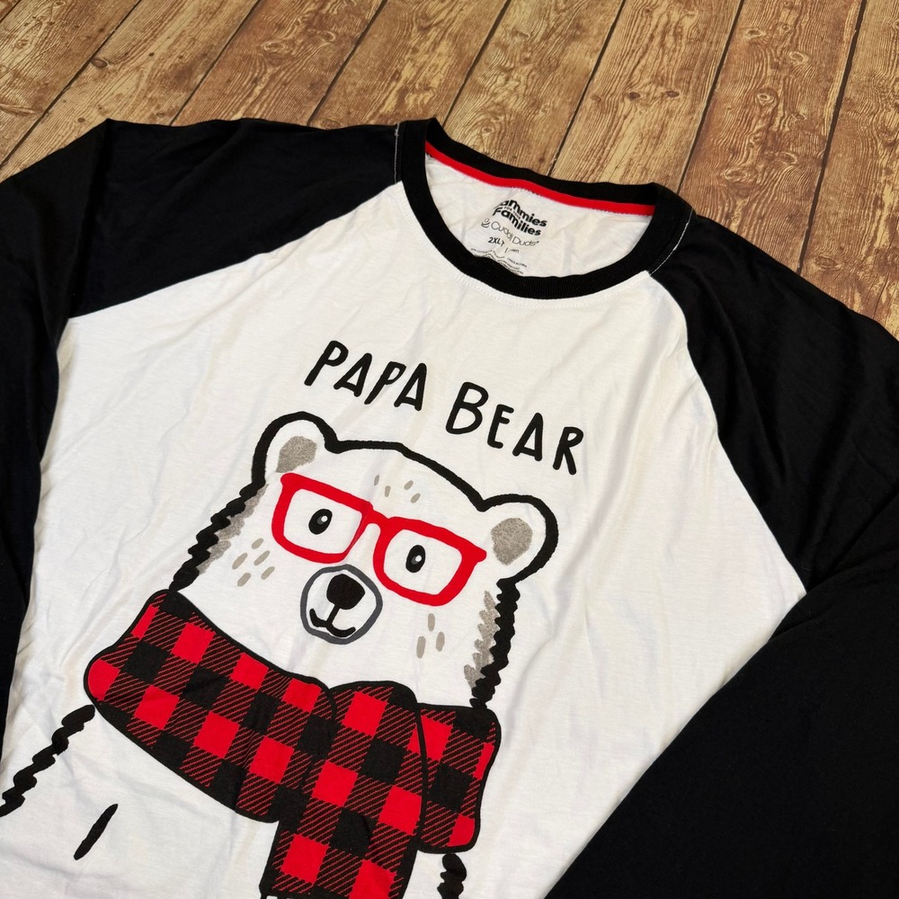 Cuddl Duds Papa Bear Pajama Top Mens 2XL Tall White Black Raglan Sleeve